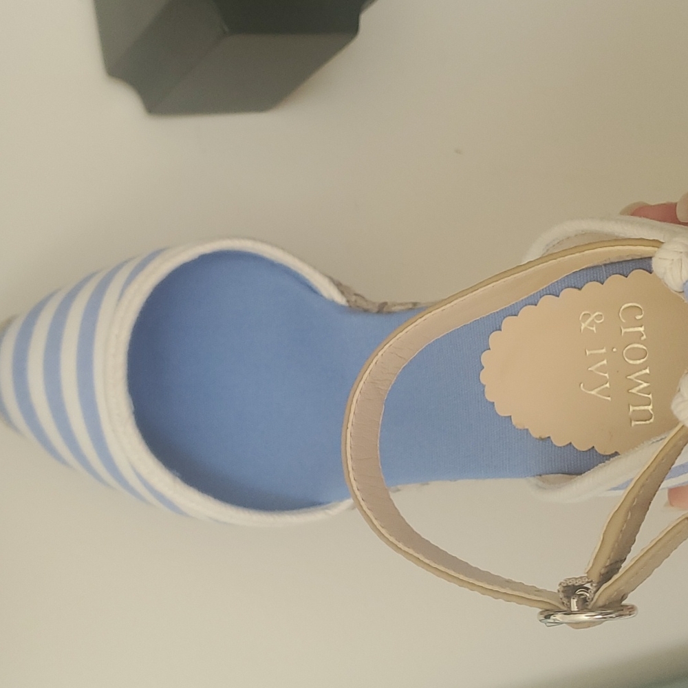 Crown & Ivy Nautical Blue White Stripe Espadrille Wedge - Picture 9 of 11
